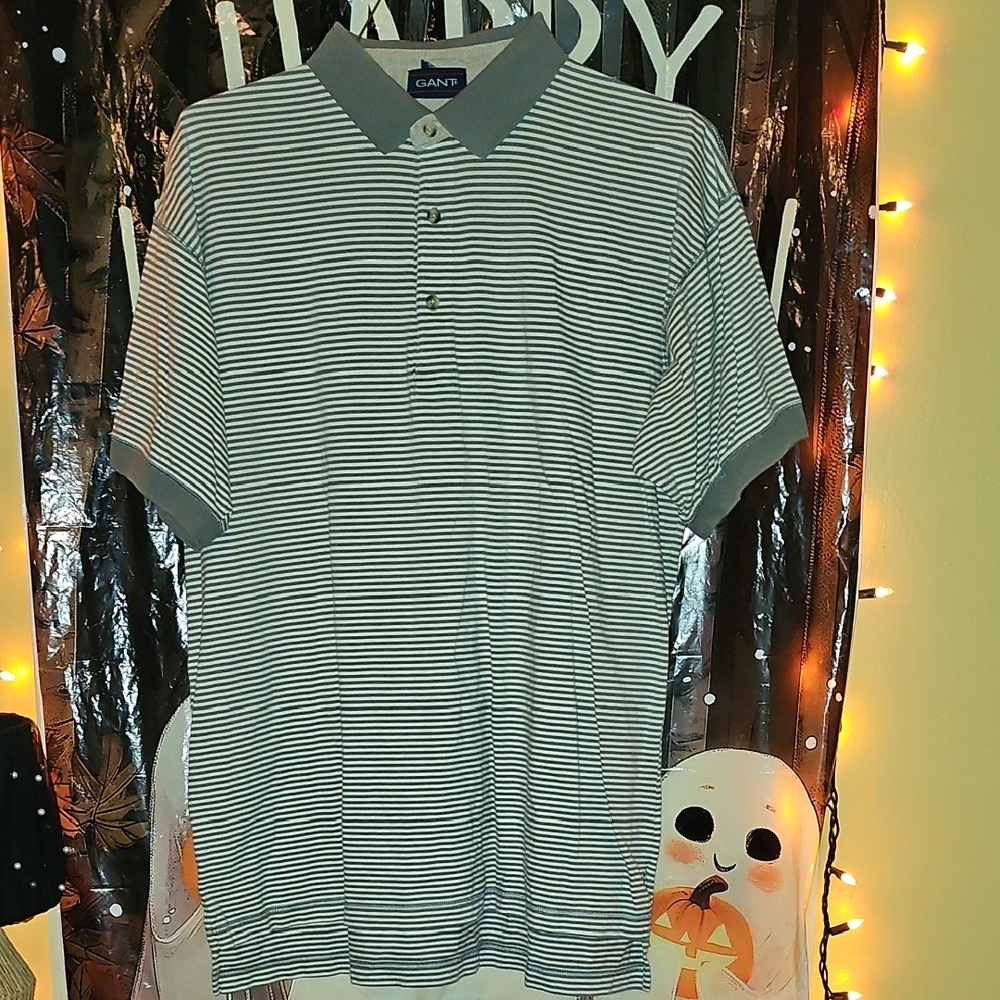EUC GANT Men's Polo with Grsy and White Stripes W/gray Collar And Sleeve Cuffs